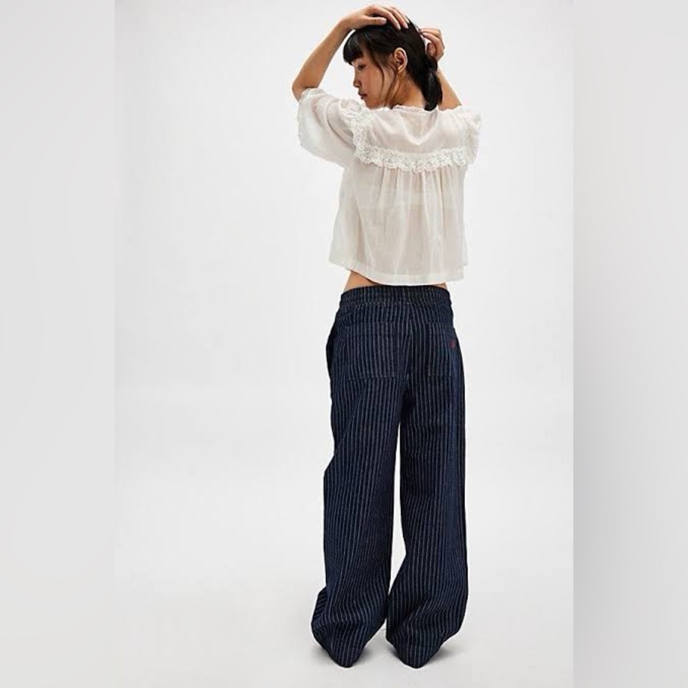 Wide Leg Pinstripe Jeans - Navy